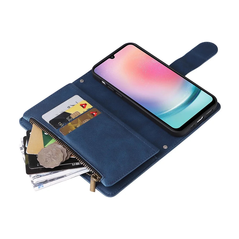 For Samsung Galaxy A54 5G Zipper Pocket Skin-touch Leather Case Multiple Card Slots Wallet Stand Phone Cover - Blue - 7