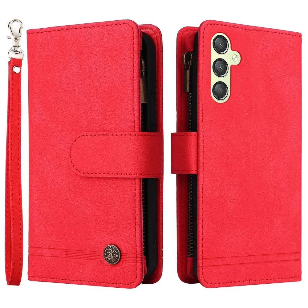 For Samsung Galaxy S23 FE Multiple Card Slots Skin-touch Phone Case Zipper Pocket Leather Wallet Stand Cover - Red - 1