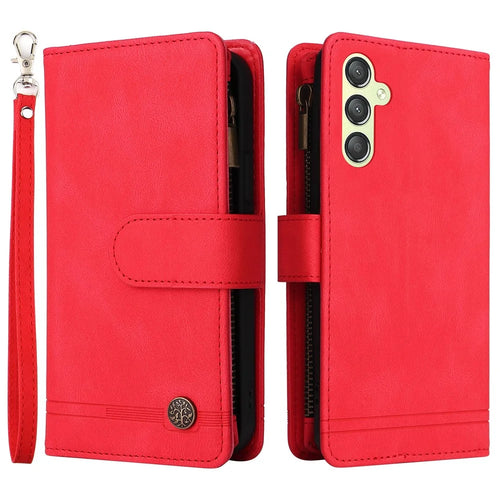 For Samsung Galaxy S23 FE Multiple Card Slots Skin-touch Phone Case Zipper Pocket Leather Wallet Stand Cover - Red - 1