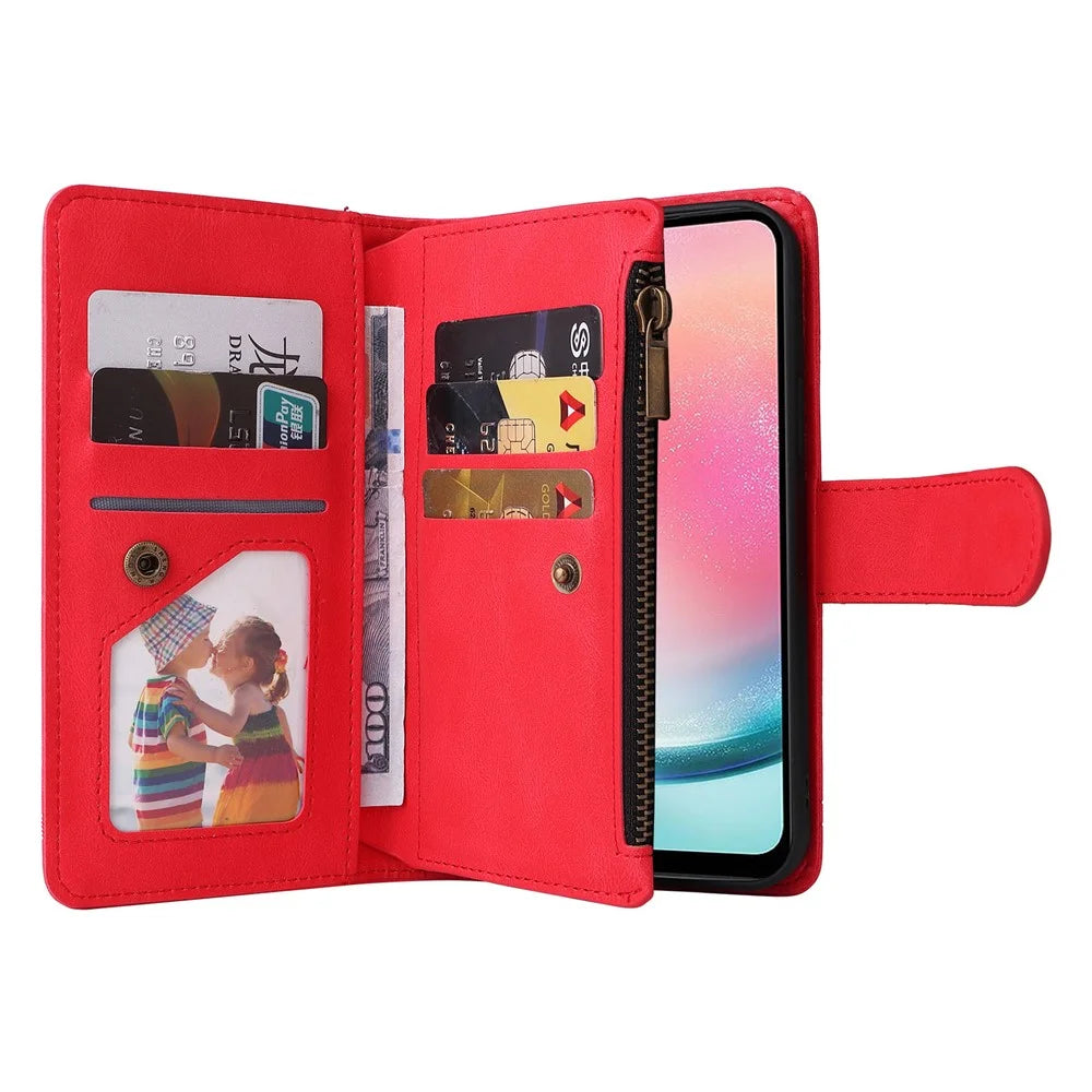 For Samsung Galaxy S23 FE Multiple Card Slots Skin-touch Phone Case Zipper Pocket Leather Wallet Stand Cover - Red - 2