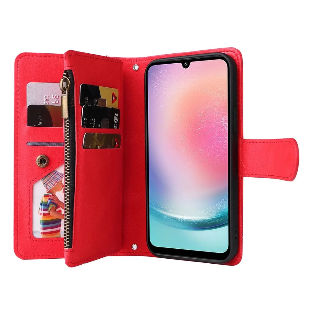For Samsung Galaxy S23 FE Multiple Card Slots Skin-touch Phone Case Zipper Pocket Leather Wallet Stand Cover - Red - 3