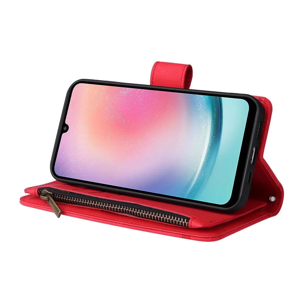 For Samsung Galaxy S23 FE Multiple Card Slots Skin-touch Phone Case Zipper Pocket Leather Wallet Stand Cover - Red - 4