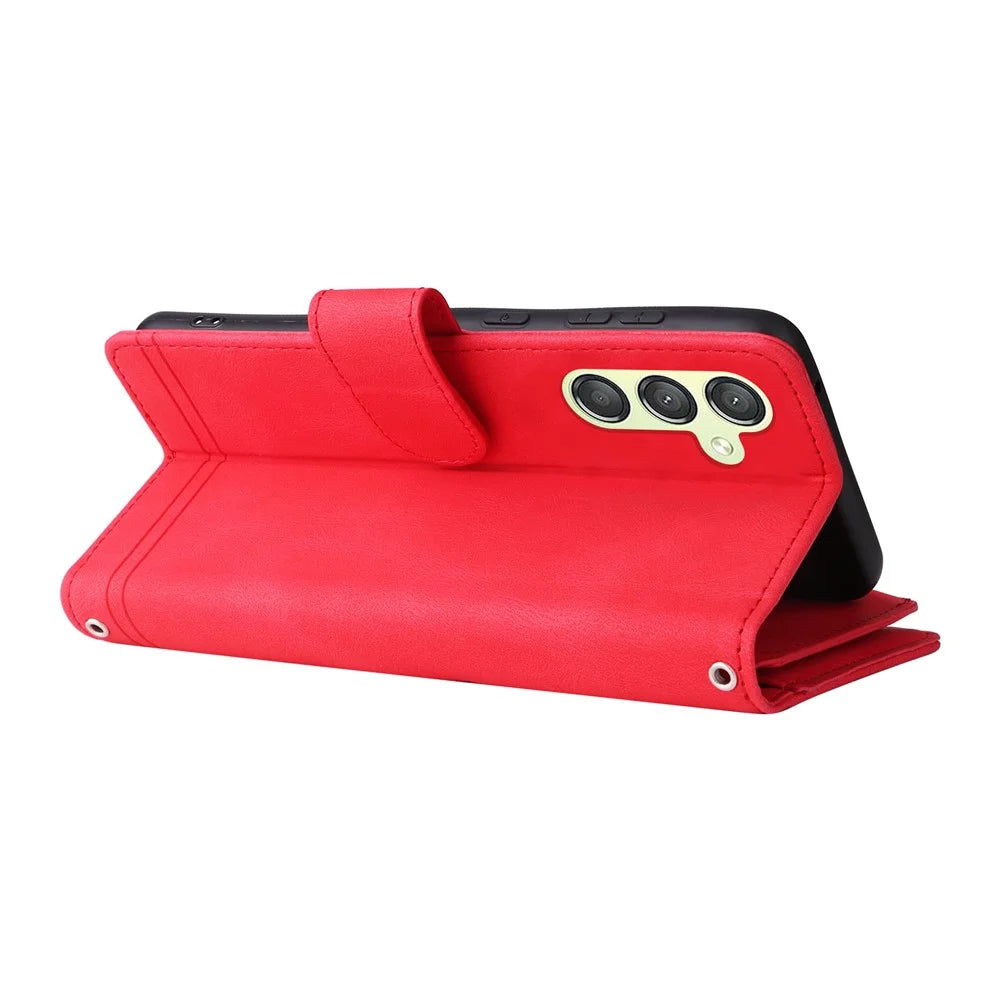 For Samsung Galaxy S23 FE Multiple Card Slots Skin-touch Phone Case Zipper Pocket Leather Wallet Stand Cover - Red - 5