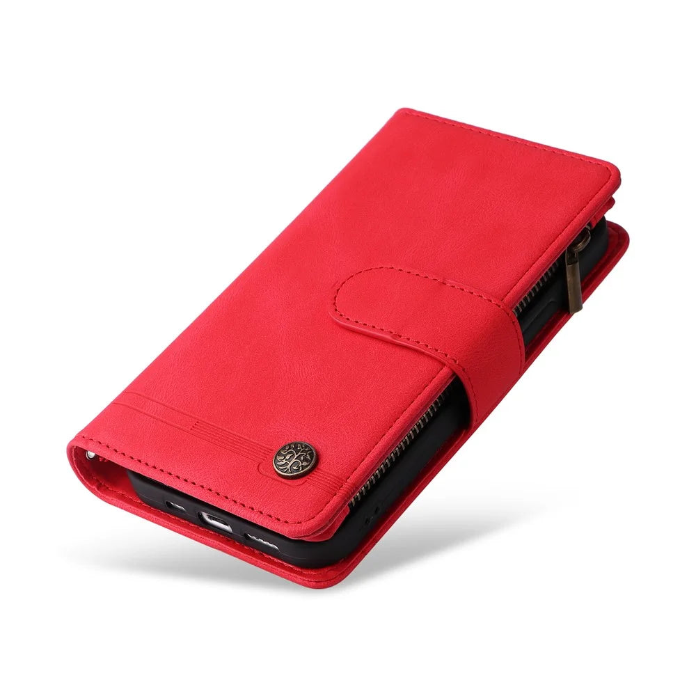For Samsung Galaxy S23 FE Multiple Card Slots Skin-touch Phone Case Zipper Pocket Leather Wallet Stand Cover - Red - 6