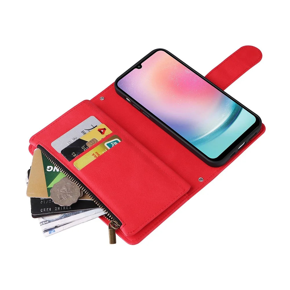 For Samsung Galaxy S23 FE Multiple Card Slots Skin-touch Phone Case Zipper Pocket Leather Wallet Stand Cover - Red - 7