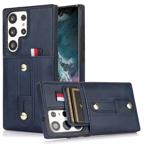 For Samsung Galaxy S22 Ultra 5G Kickstand Card Holder Case PU Leather Coated TPU Anti-drop Retro Phone Cover - Blue - 1