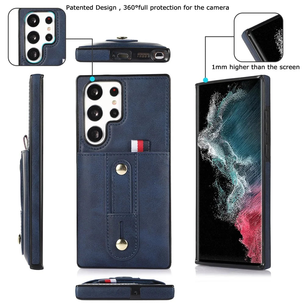 For Samsung Galaxy S22 Ultra 5G Kickstand Card Holder Case PU Leather Coated TPU Anti-drop Retro Phone Cover - Blue - 7