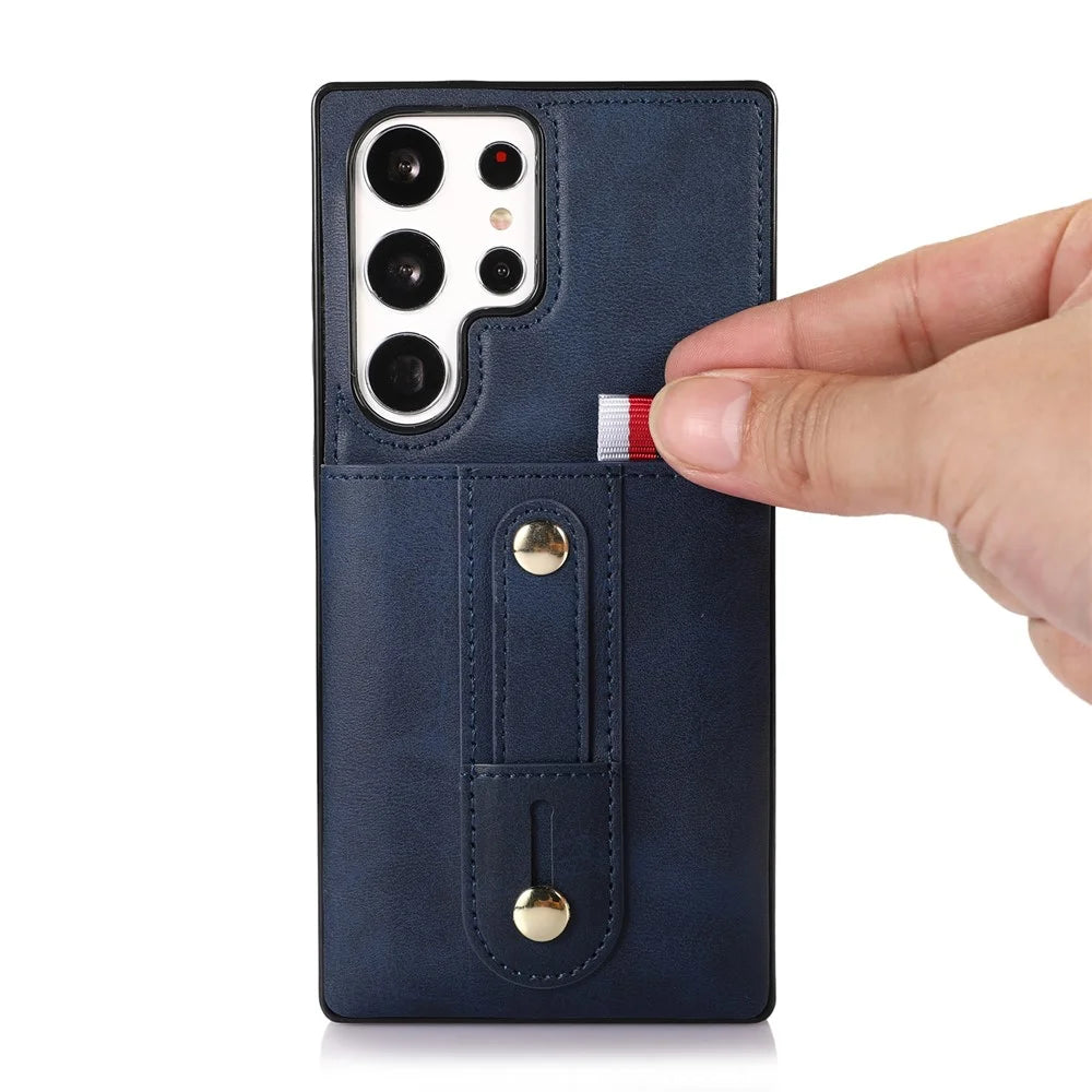 For Samsung Galaxy S22 Ultra 5G Kickstand Card Holder Case PU Leather Coated TPU Anti-drop Retro Phone Cover - Blue - 2