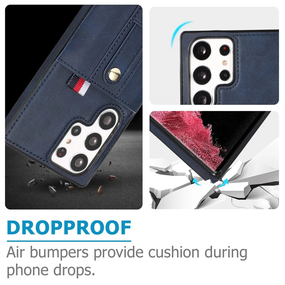 For Samsung Galaxy S22 Ultra 5G Kickstand Card Holder Case PU Leather Coated TPU Anti-drop Retro Phone Cover - Blue - 3
