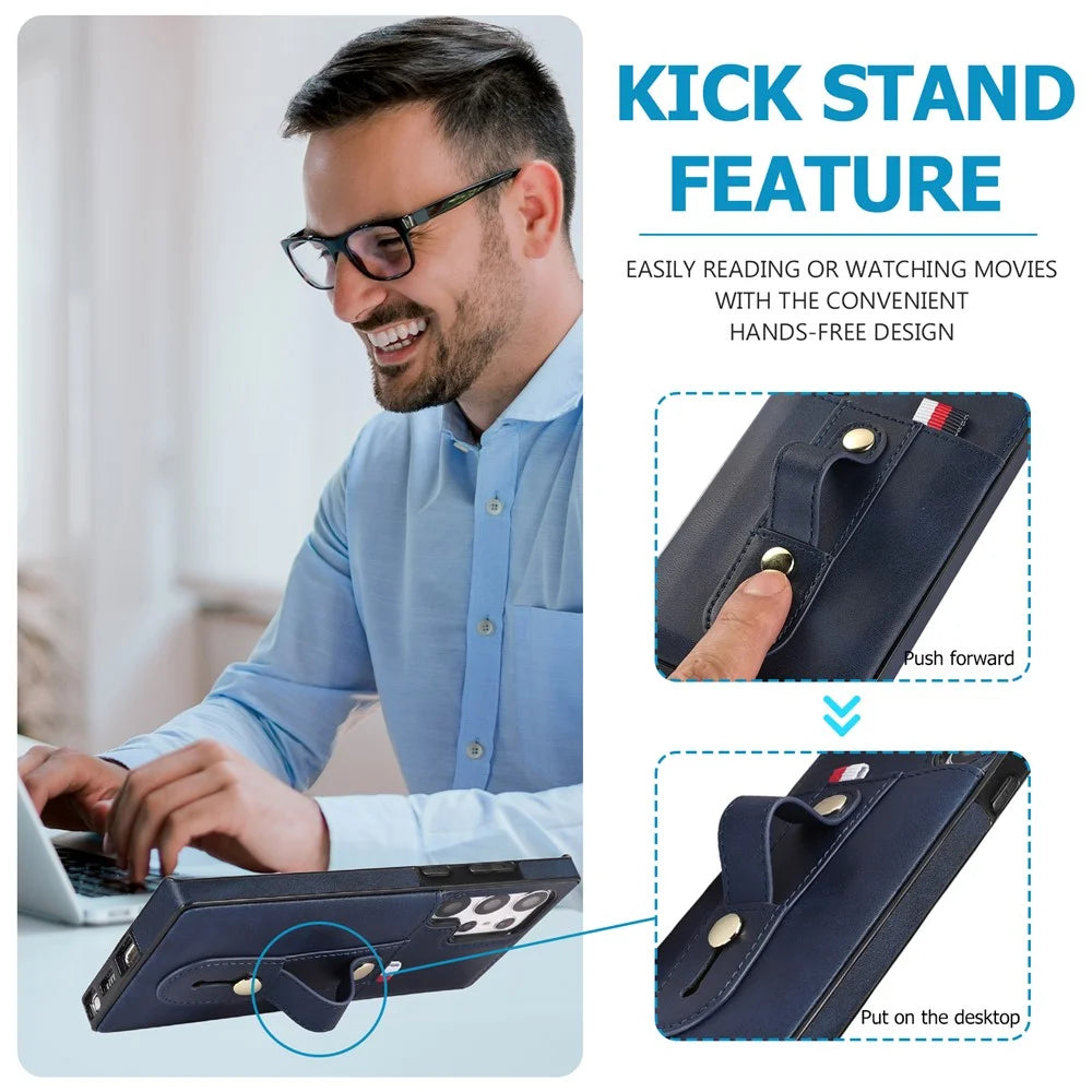For Samsung Galaxy S22 Ultra 5G Kickstand Card Holder Case PU Leather Coated TPU Anti-drop Retro Phone Cover - Blue - 4