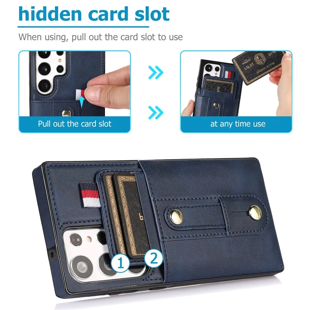 For Samsung Galaxy S22 Ultra 5G Kickstand Card Holder Case PU Leather Coated TPU Anti-drop Retro Phone Cover - Blue - 5