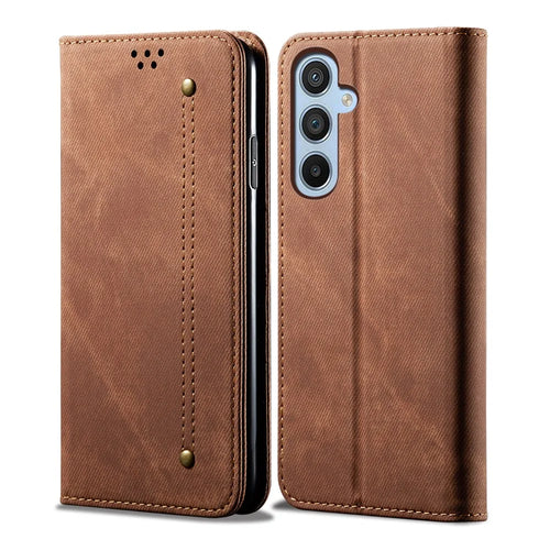 For Samsung Galaxy S23 FE Jeans Cloth Texture Wallet Case PU Leather Stand Phone Cover - Coffee - 1