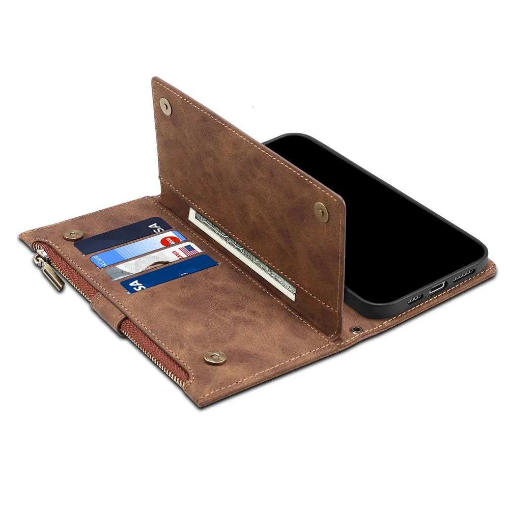 ESEBLE Star Series Leather Phone Case for Samsung Galaxy S23 FE Zipper Pocket RFID Blocking Wallet Stand Cover - Brown - 4