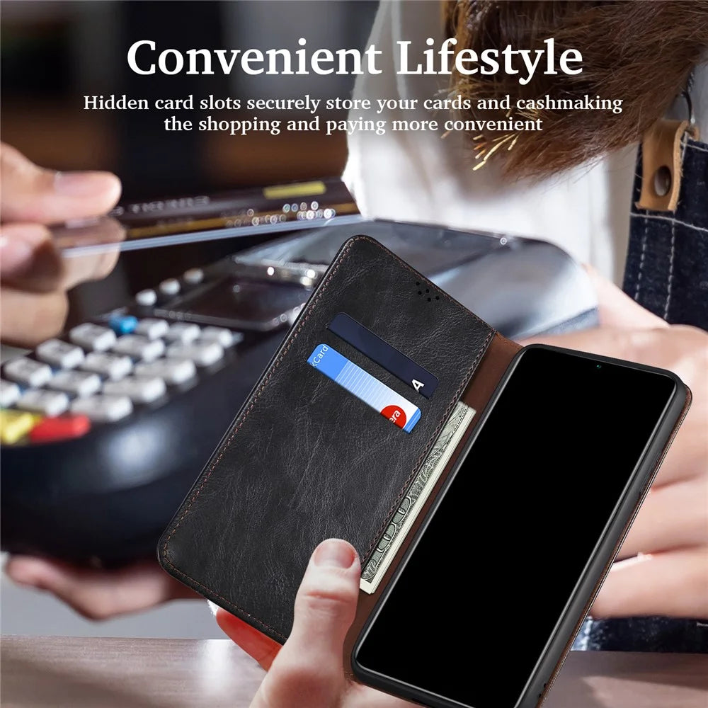 Wallet Phone Case for Samsung Galaxy S23 FE , Waxy Crazy Horse Texture Wallet Stand PU Leather Phone Cover - Black - 5