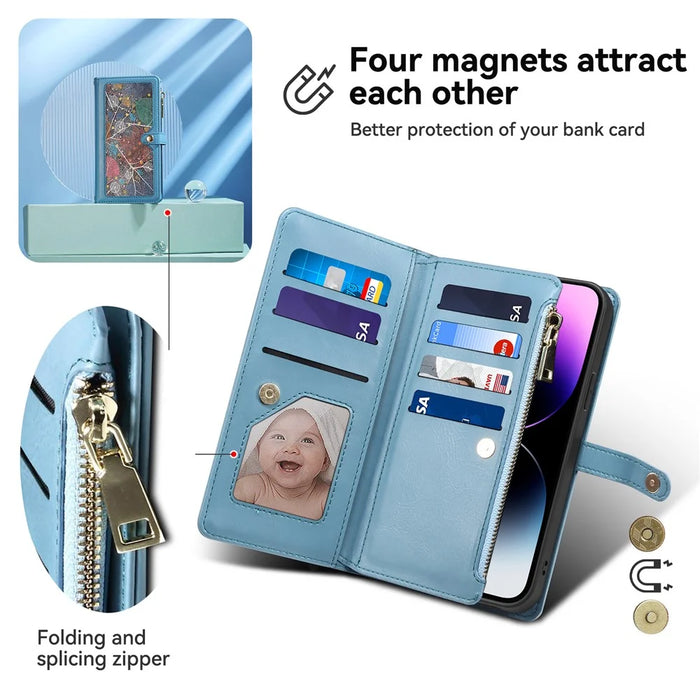 ESEBLE Stand Folio Cover for Samsung Galaxy S23 FE , RFID Blocking Leather Zipper Pocket Wallet Phone Case - Blue - 6