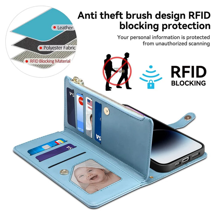 ESEBLE Stand Folio Cover for Samsung Galaxy S23 FE , RFID Blocking Leather Zipper Pocket Wallet Phone Case - Blue - 7