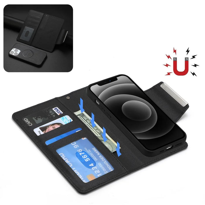 Wallet Folio Case for iPhone 15 Pro Max , PU Leather Slim Phone Cover with Removable Inner TPU Shell - Black - 2