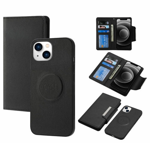 For iPhone 15 Plus PU Leather Detachable Phone Case 2-in-1 Wallet Folio Slim Cover - Black - 1