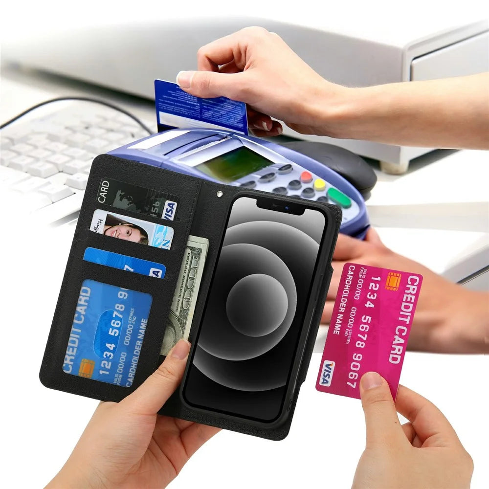 For iPhone 15 Plus PU Leather Detachable Phone Case 2-in-1 Wallet Folio Slim Cover - Black - 7