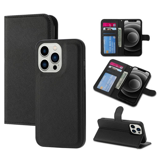 For iPhone 15 Pro Detachable Magnetic Wallet Case PU Leather Cross Texture Stand Phone Cover - Black - 1