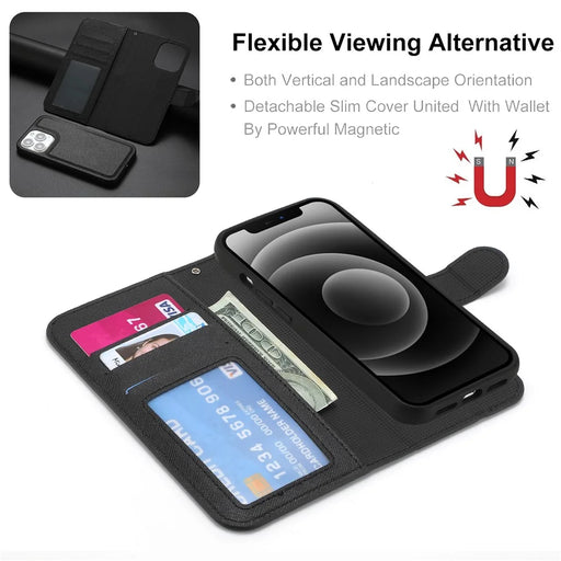 For iPhone 15 Pro Detachable Magnetic Wallet Case PU Leather Cross Texture Stand Phone Cover - Black - 2