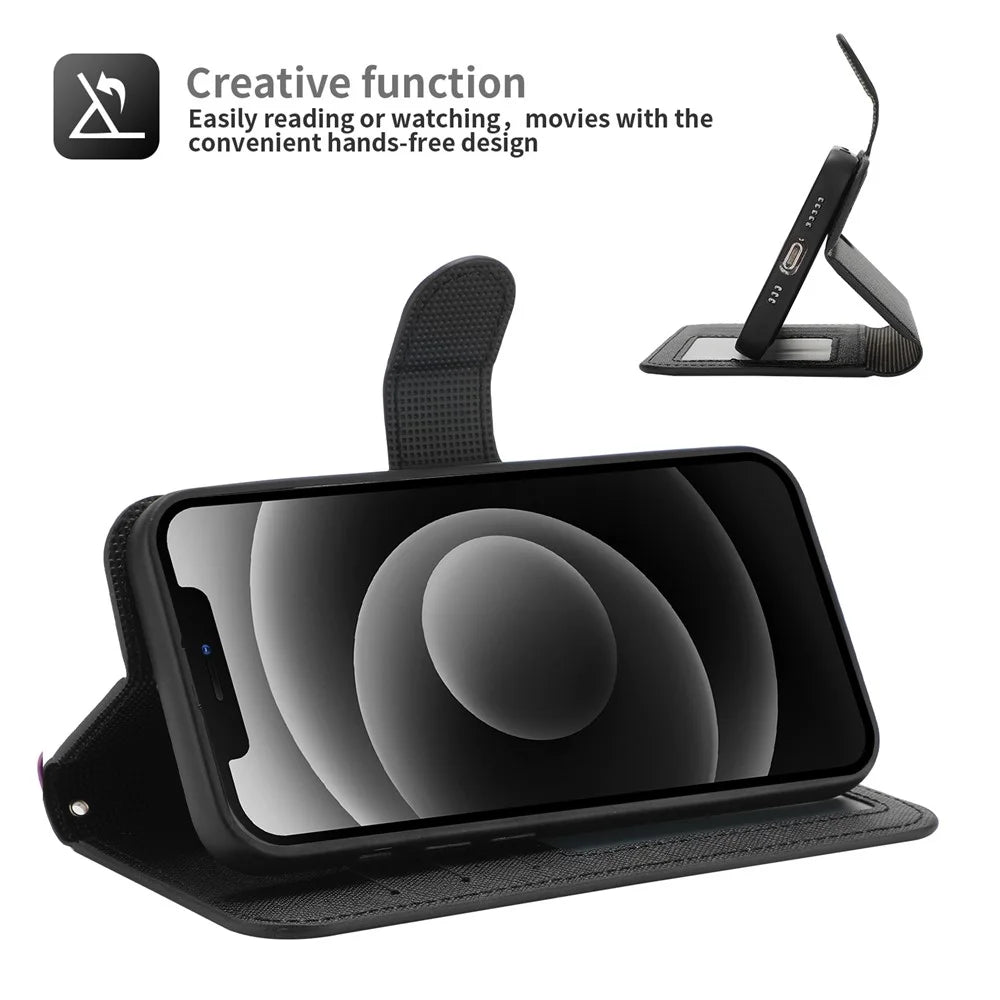 For iPhone 15 Pro Detachable Magnetic Wallet Case PU Leather Cross Texture Stand Phone Cover - Black - 3