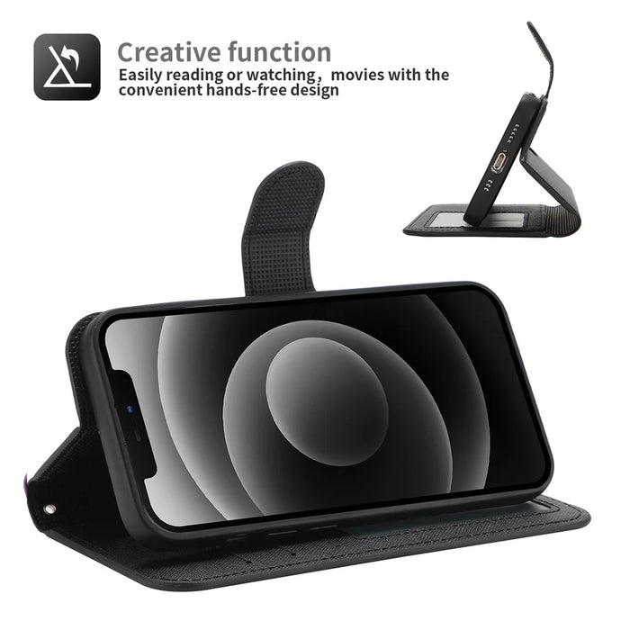 For iPhone 15 Pro Detachable Magnetic Wallet Case PU Leather Cross Texture Stand Phone Cover - Black - 3