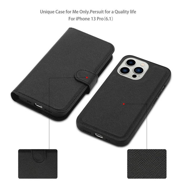 For iPhone 15 Pro Detachable Magnetic Wallet Case PU Leather Cross Texture Stand Phone Cover - Black - 4