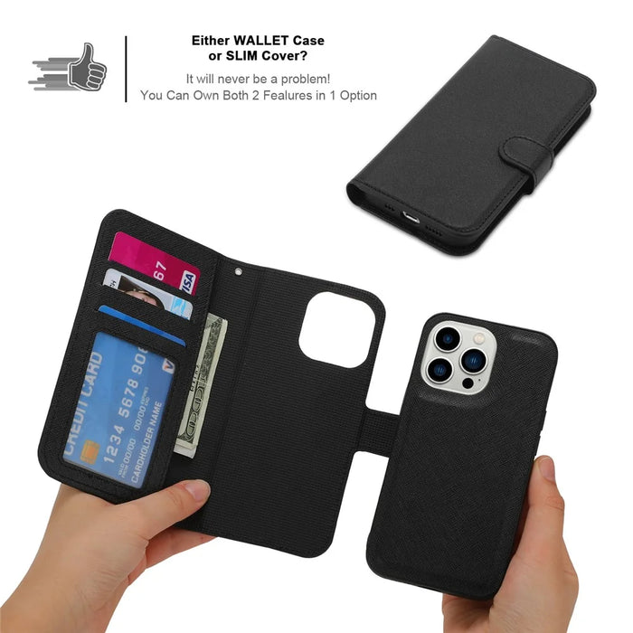 For iPhone 15 Pro Detachable Magnetic Wallet Case PU Leather Cross Texture Stand Phone Cover - Black - 5