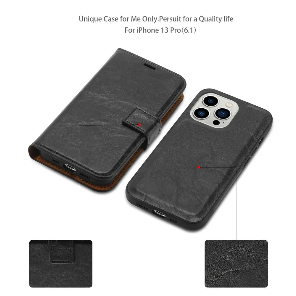 Crazy Horse Texture PU Phone Case for iPhone 15 Pro Detachable 2-in-1 Magnetic Absorption Wallet Phone Cover - Black - 4