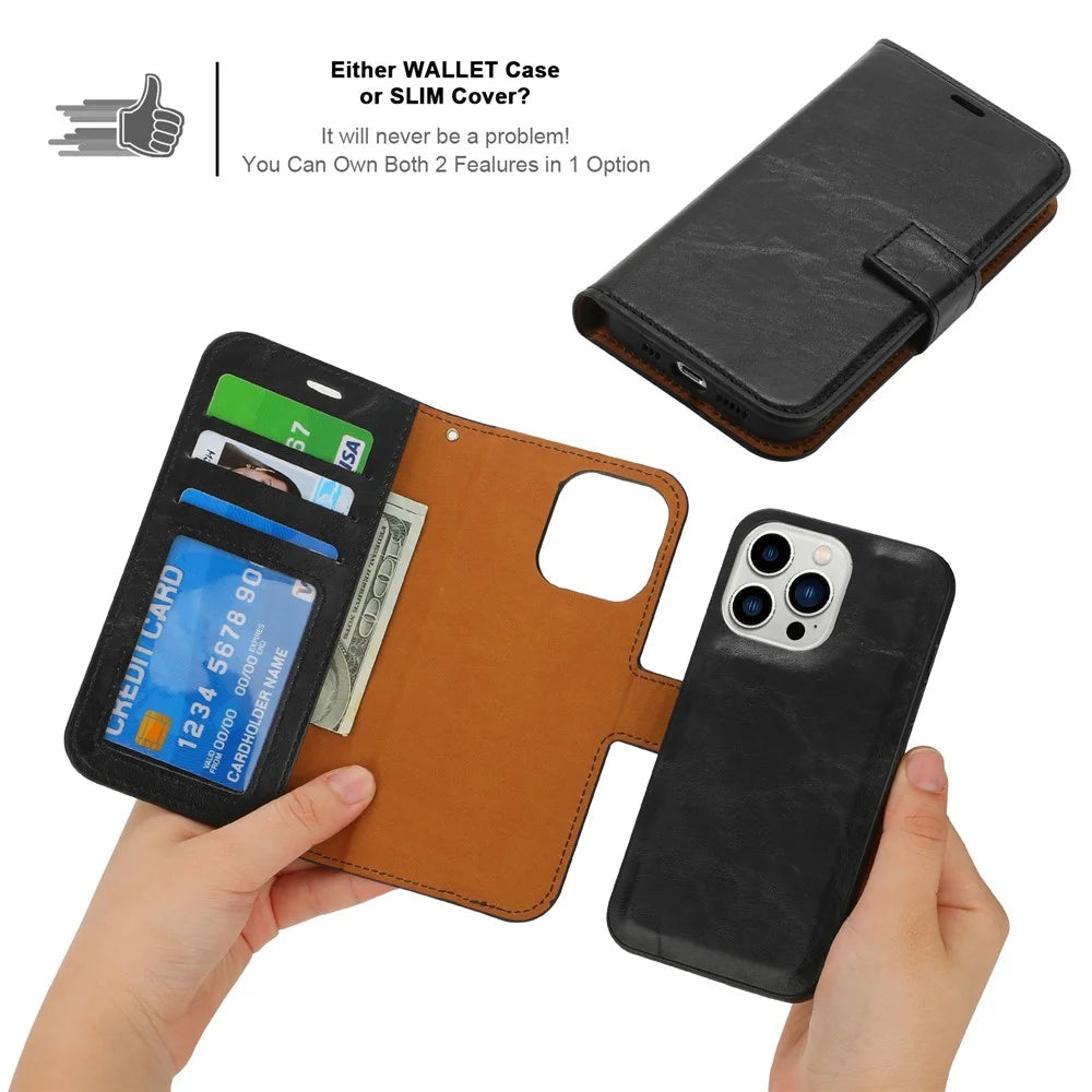 Crazy Horse Texture PU Phone Case for iPhone 15 Pro Detachable 2-in-1 Magnetic Absorption Wallet Phone Cover - Black - 5