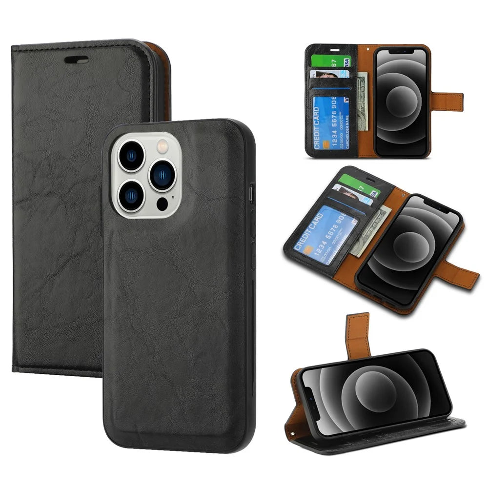 Magnetic Absorption Wallet Phone Case for iPhone 15 Plus Detachable 2-in-1 Crazy Horse Texture PU Phone Cover - Black - 1