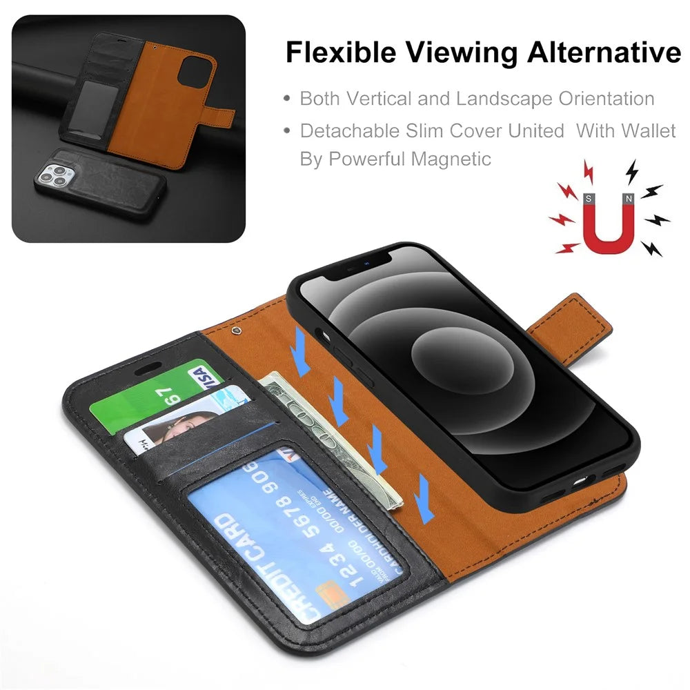 Magnetic Absorption Wallet Phone Case for iPhone 15 Plus Detachable 2-in-1 Crazy Horse Texture PU Phone Cover - Black - 2