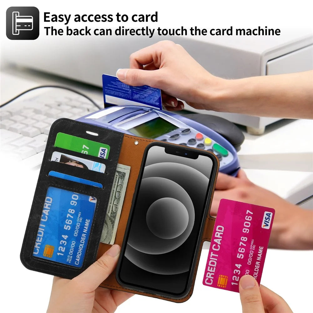 Magnetic Absorption Wallet Phone Case for iPhone 15 Plus Detachable 2-in-1 Crazy Horse Texture PU Phone Cover - Black - 7