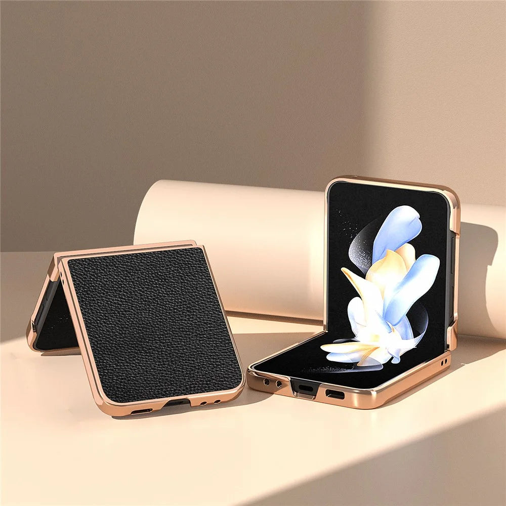 For Samsung Galaxy Z Flip5 5G Electroplating Back Cover Genuine Cow Leather + PC Litchi Texture Phone Case - Black - 3