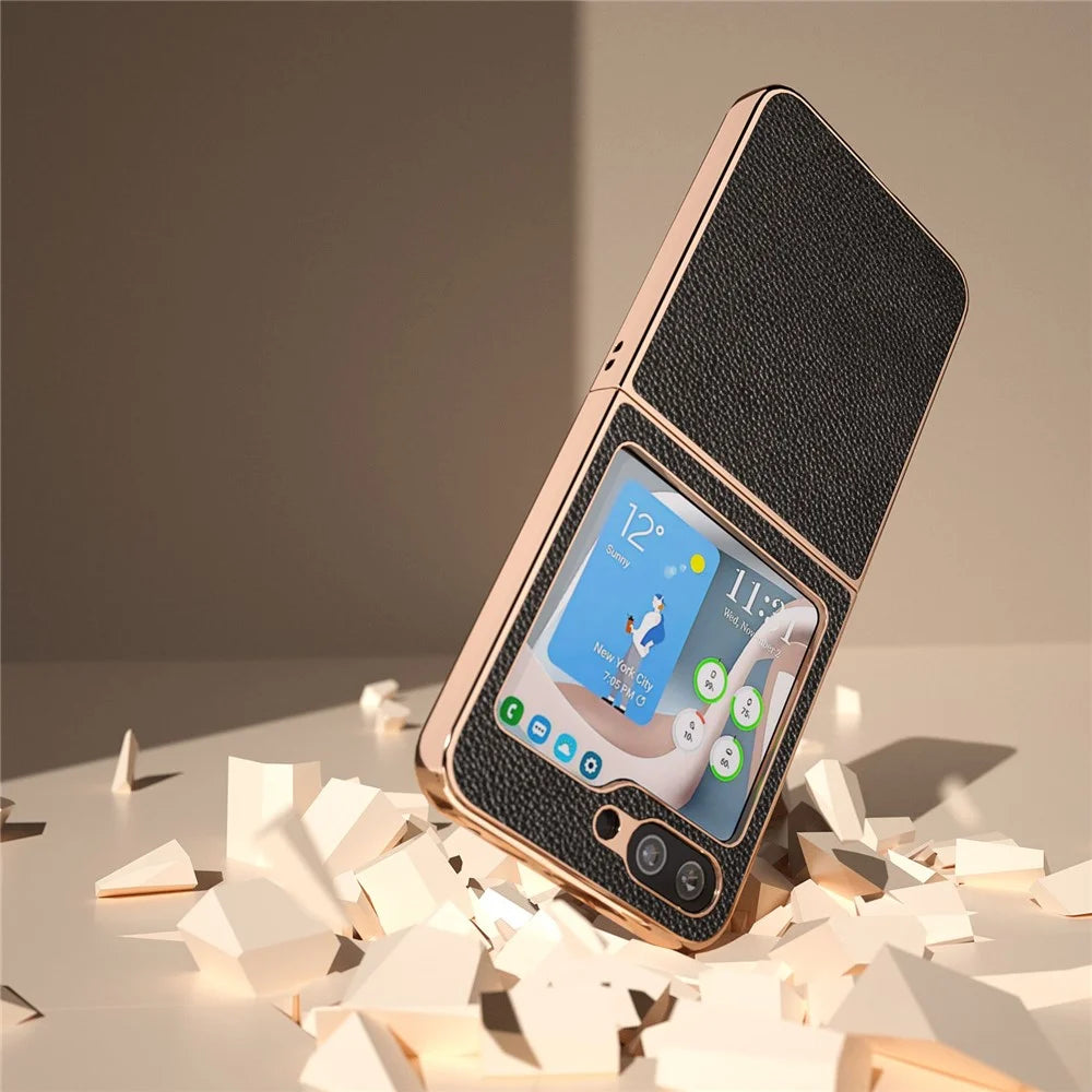 For Samsung Galaxy Z Flip5 5G Electroplating Back Cover Genuine Cow Leather + PC Litchi Texture Phone Case - Black - 5