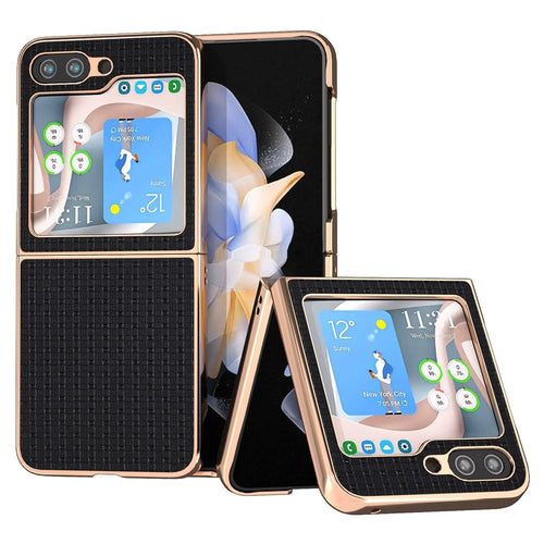 For Samsung Galaxy Z Flip5 5G Phone Case Genuine Cow Leather + PC Luxury Texture Electroplating Cover - Black - 1