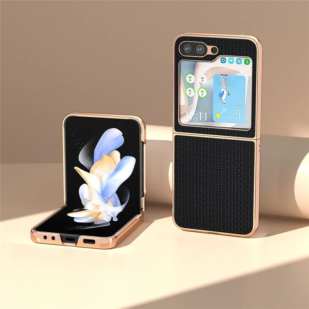 For Samsung Galaxy Z Flip5 5G Phone Case Genuine Cow Leather + PC Luxury Texture Electroplating Cover - Black - 2