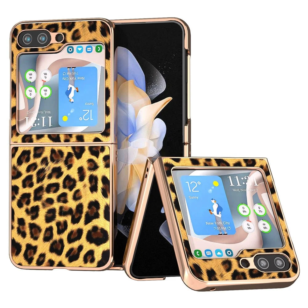 For Samsung Galaxy Z Flip5 5G Leopard Pattern Phone Case PU Leather + PC Electroplating Cover - Gold - 1