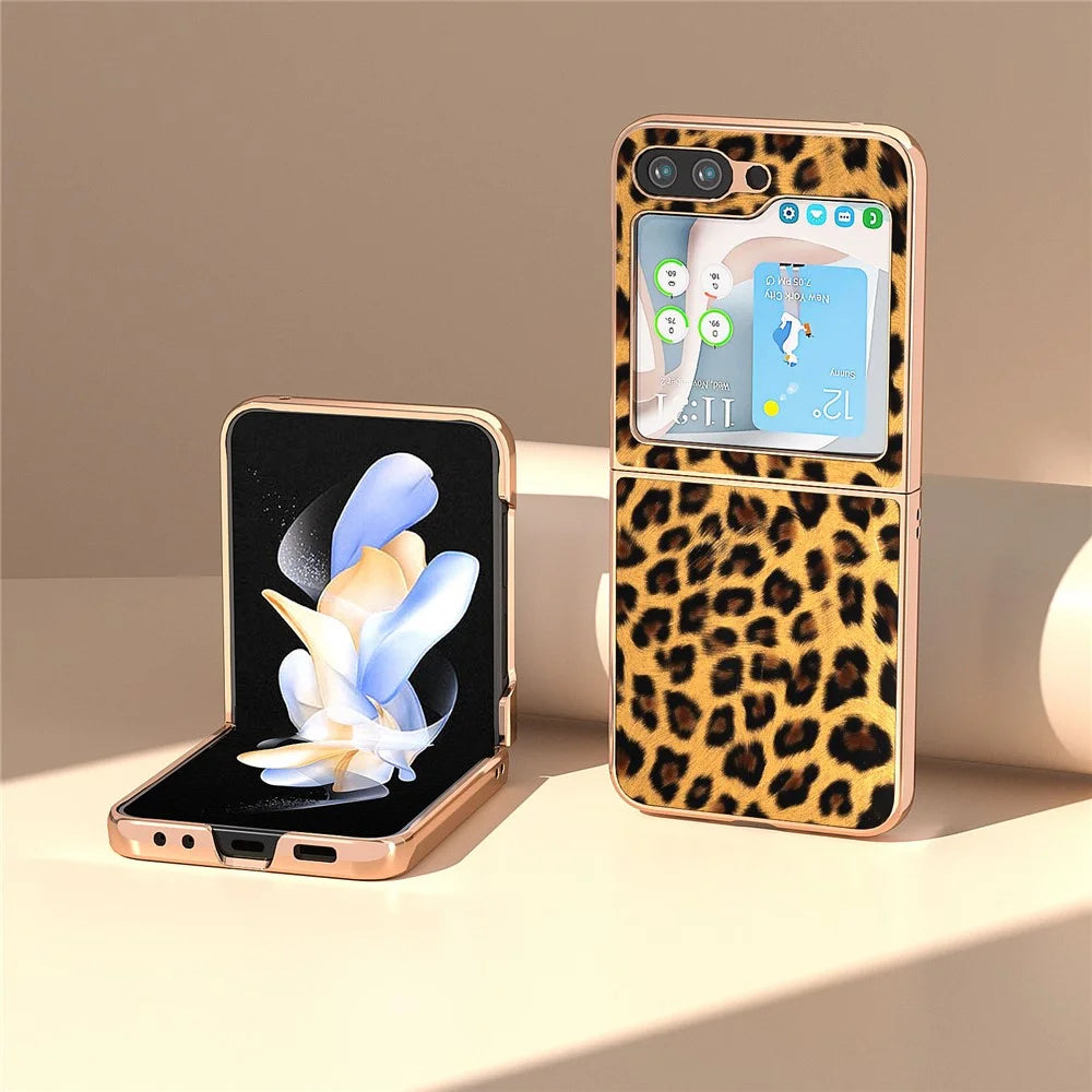 For Samsung Galaxy Z Flip5 5G Leopard Pattern Phone Case PU Leather + PC Electroplating Cover - Gold - 2