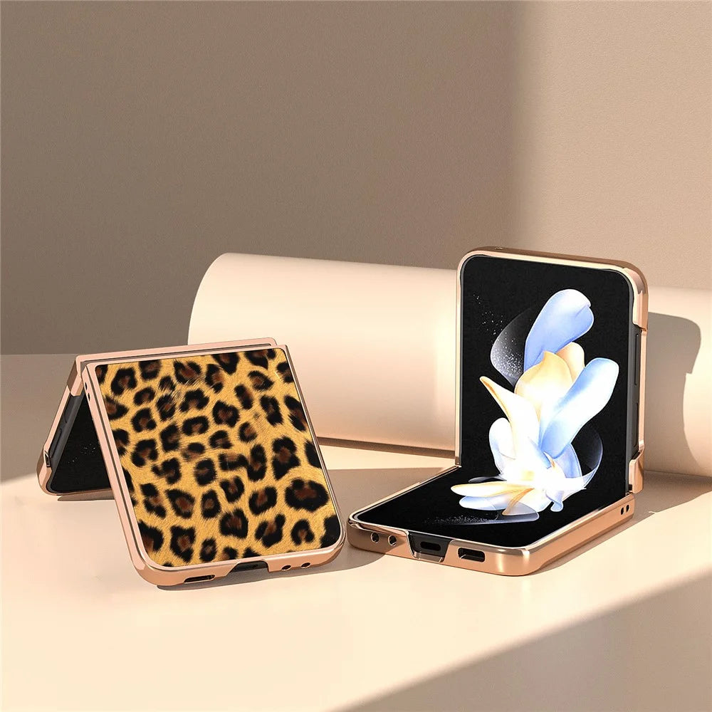 For Samsung Galaxy Z Flip5 5G Leopard Pattern Phone Case PU Leather + PC Electroplating Cover - Gold - 3
