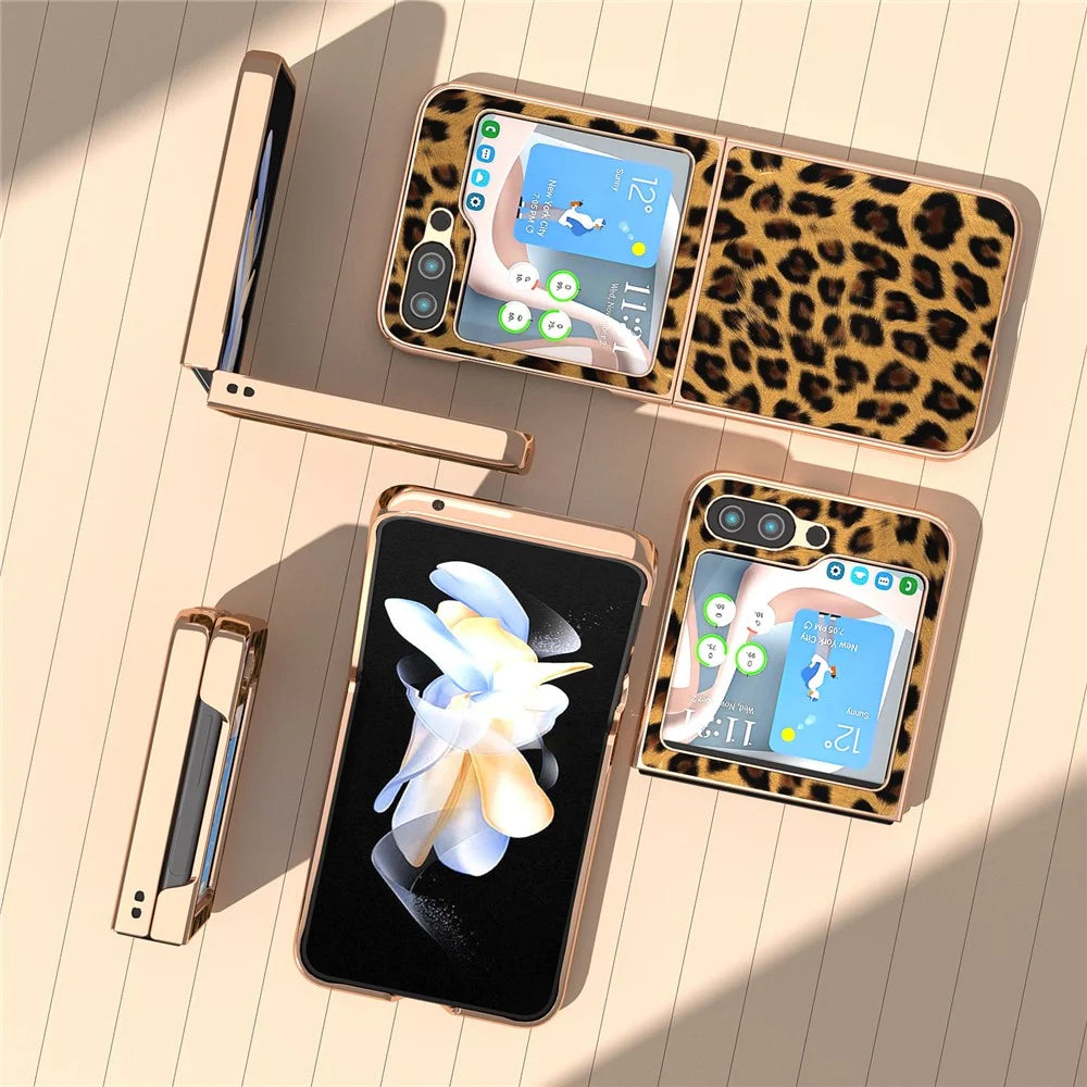 For Samsung Galaxy Z Flip5 5G Leopard Pattern Phone Case PU Leather + PC Electroplating Cover - Gold - 4
