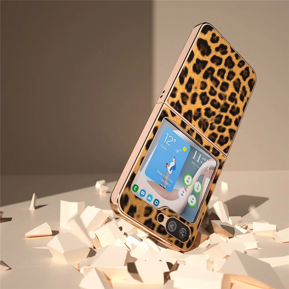 For Samsung Galaxy Z Flip5 5G Leopard Pattern Phone Case PU Leather + PC Electroplating Cover - Gold - 5