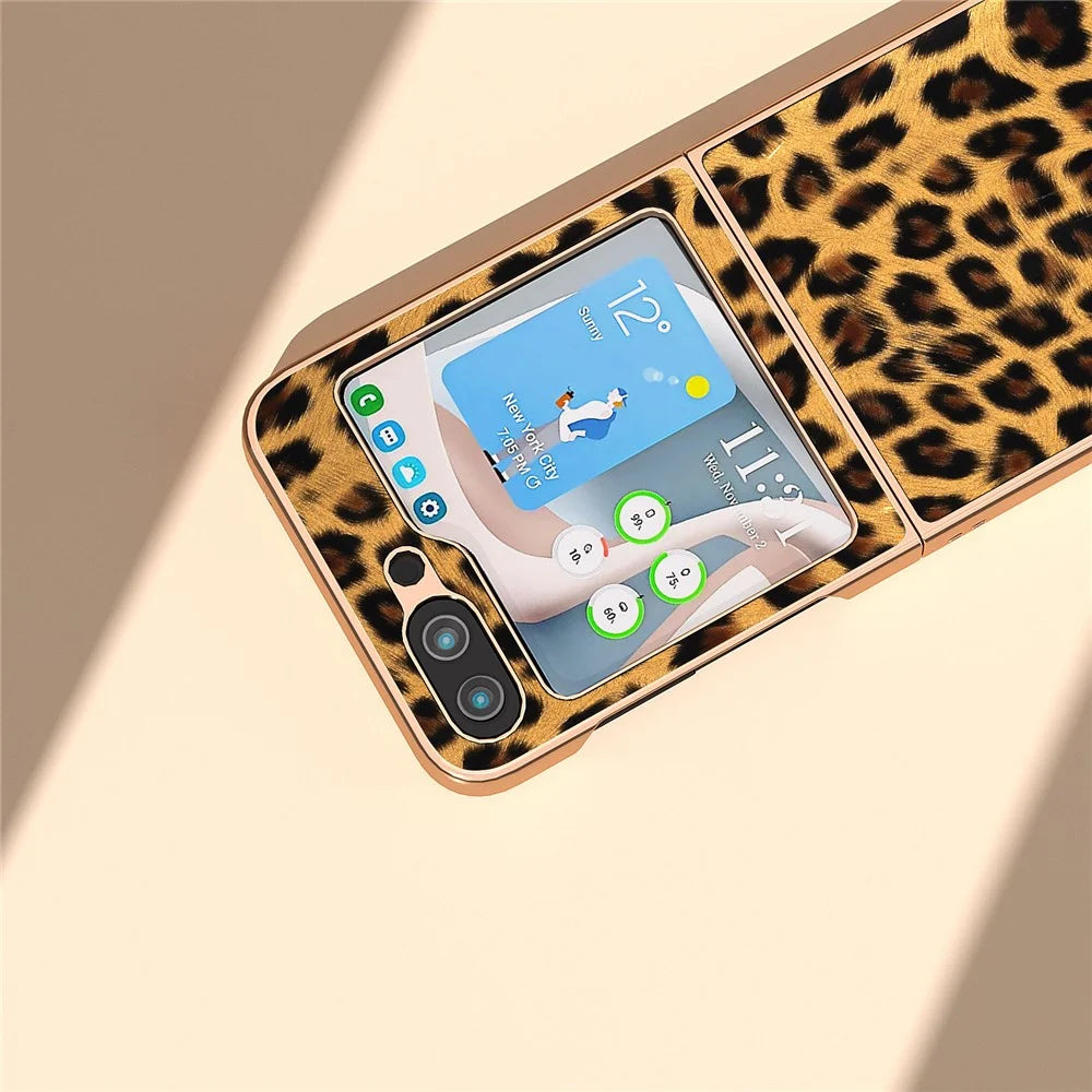 For Samsung Galaxy Z Flip5 5G Leopard Pattern Phone Case PU Leather + PC Electroplating Cover - Gold - 6