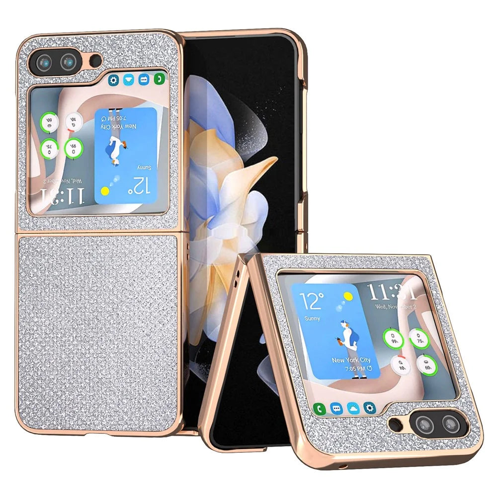 For Samsung Galaxy Z Flip5 5G PU Leather + PC Anti-Drop Case Rhinestone Texture Electroplating Frame Phone Cover - Silver - 1