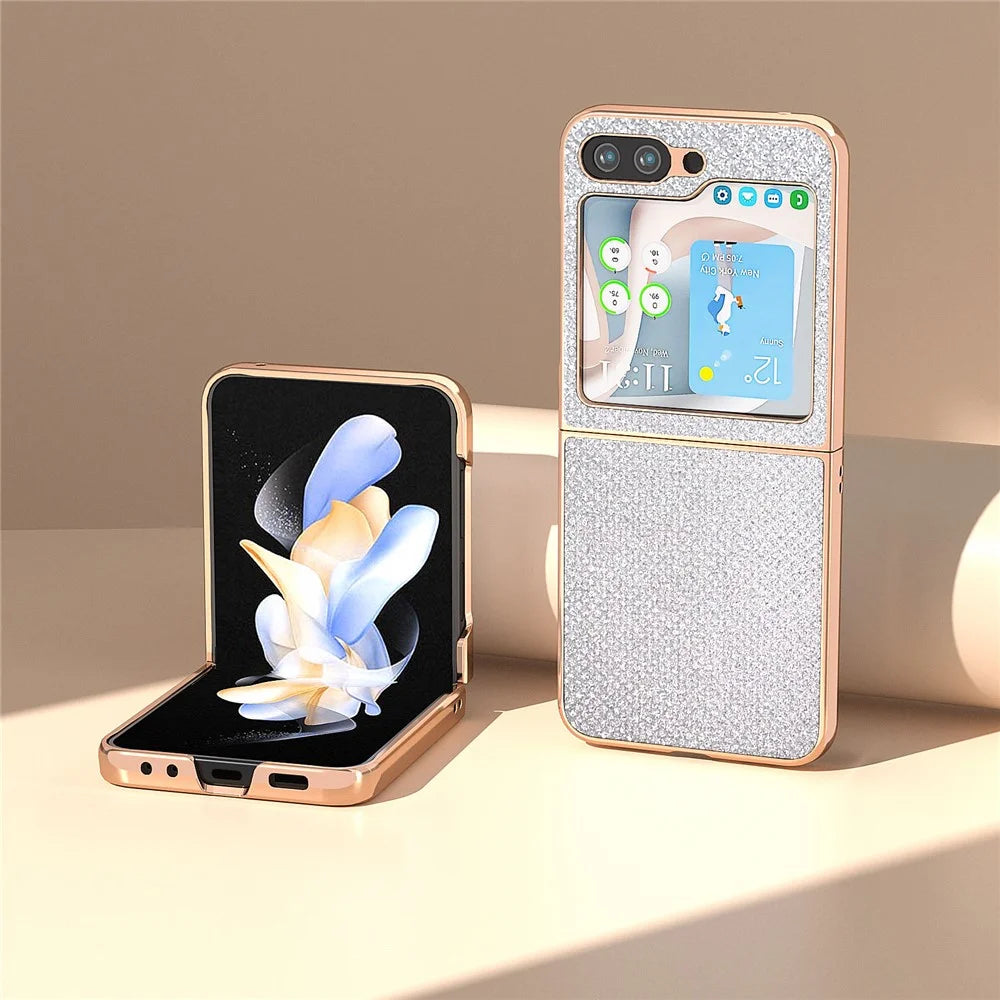 For Samsung Galaxy Z Flip5 5G PU Leather + PC Anti-Drop Case Rhinestone Texture Electroplating Frame Phone Cover - Silver - 2