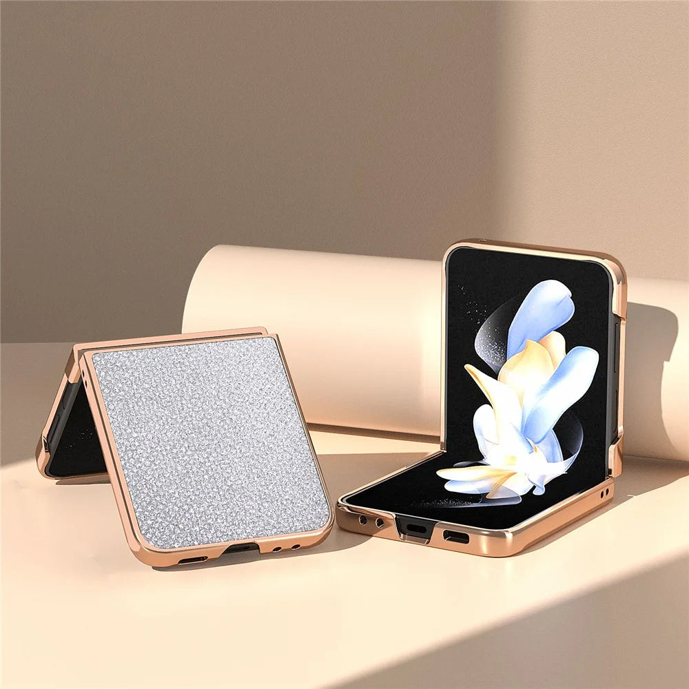 For Samsung Galaxy Z Flip5 5G PU Leather + PC Anti-Drop Case Rhinestone Texture Electroplating Frame Phone Cover - Silver - 3
