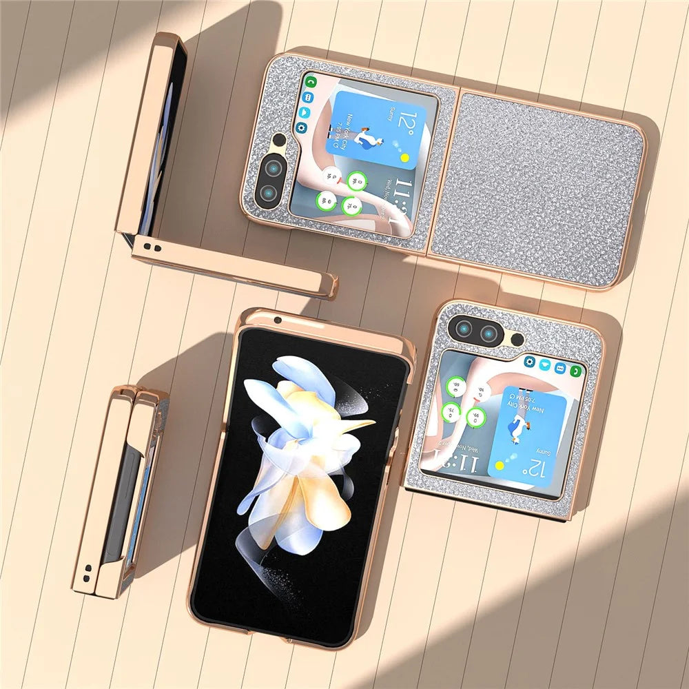 For Samsung Galaxy Z Flip5 5G PU Leather + PC Anti-Drop Case Rhinestone Texture Electroplating Frame Phone Cover - Silver - 4