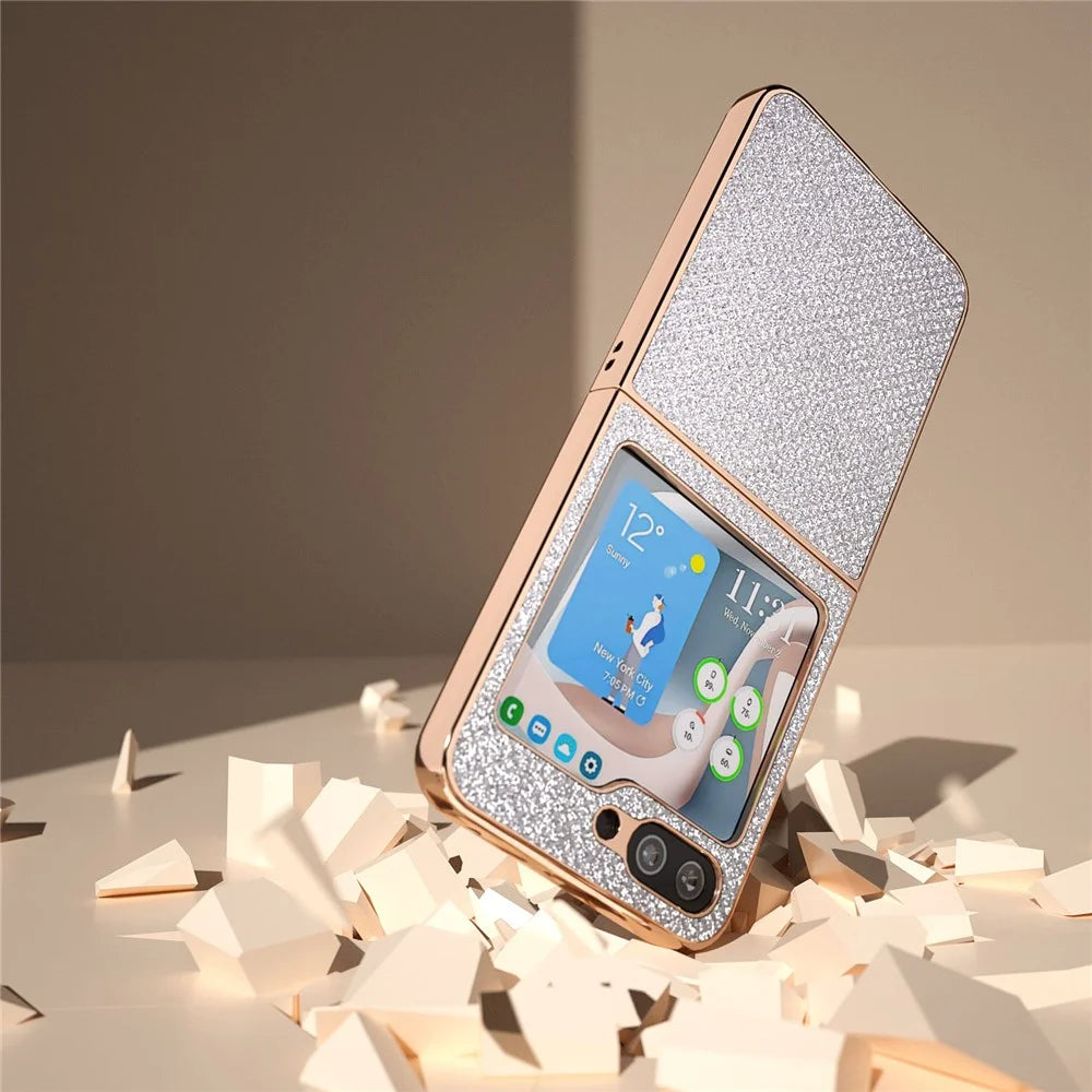 For Samsung Galaxy Z Flip5 5G PU Leather + PC Anti-Drop Case Rhinestone Texture Electroplating Frame Phone Cover - Silver - 5