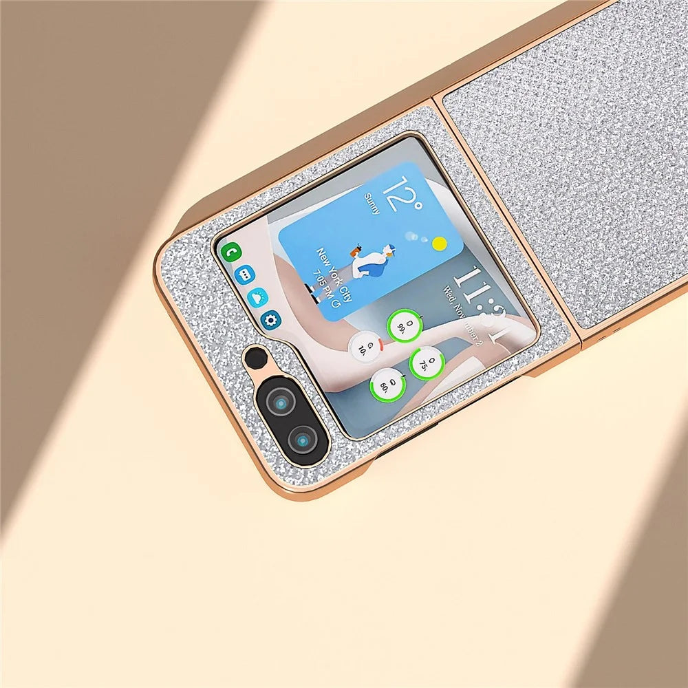 For Samsung Galaxy Z Flip5 5G PU Leather + PC Anti-Drop Case Rhinestone Texture Electroplating Frame Phone Cover - Silver - 6